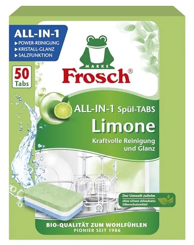 Frosch Spülmaschinentabs Limonen Alles in 1 - 50 Tabs - Nachhaltige Geschirr-Reiniger in Bio-Qualität mit frischem Limonenduft. Ideal für umweltbewusste Haushalte - kein Auspacken nötig dank wasserlöslicher Folie.