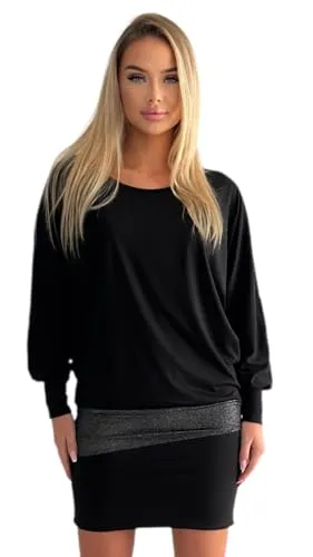 Mississhop 95-31 Damen Minikleid festlich Glitzer - Freizeitkleid für Damen, edler Look durch Kontrast von mattem Oberteil und glänzendem Rockteil, ideal für jeden Anlass und angenehm zu tragen.