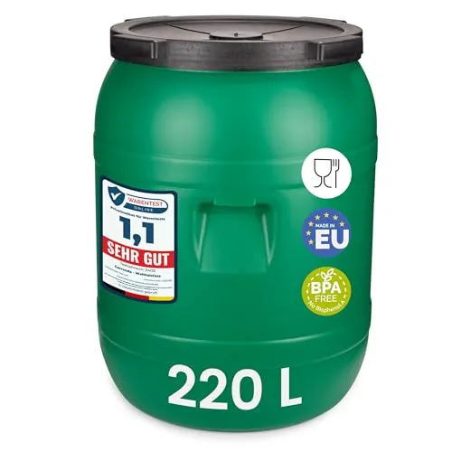 Garronda 220 Liter Deckelfass - Weithalsfass aus HDPE - Regentonne aus lebensmittelechtem HDPE, ideal für die Lagerung von Wasser, Futter und fermentierten Produkten. Ergonomisch und praktisch mit Deckel für sichere Aufbewahrung.