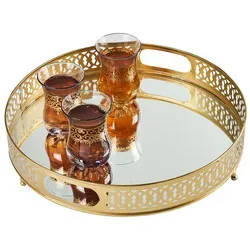 Marrakesch Orient & Mediterran Interior Spiegeltablett Nikita Gold - Rundes Serviertablett aus Handarbeit mit Spiegelglas, ideal für stilvolle Deko und besondere Anlässe.