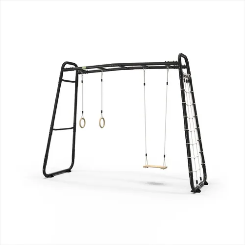 EXIT GetSet Monkeybar MB210 - Schwarz - Robustes Spielgerät für den Außenbereich mit Reckstange, Holzturnringen und Kletternetz. Perfekt für aktive Kinder, um ihre Geschicklichkeit und Kraft spielerisch zu fördern.