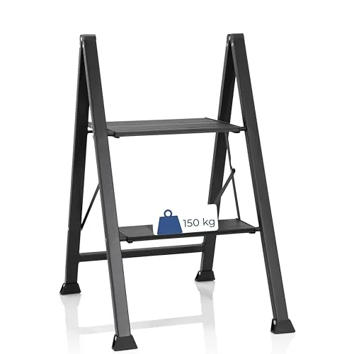 hjh OFFICE Klapptritt 2 Stufen SOLID W5 - Robuste Trittleiter aus Stahl, bis 150 kg belastbar; ideal für Büro und Haushalt, mit rutschsicheren Stufen und Sicherheitsverriegelung für sicheren Stand.