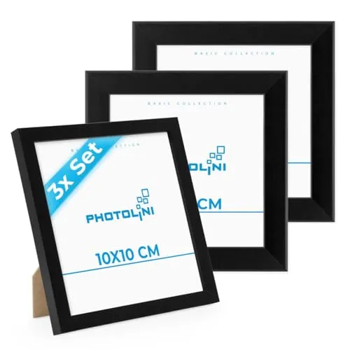 PHOTOLINI Bilderrahmen 10x10 Schwarz MDF-Holz, 3er Set Poster-Rahmen, bruchsicheres Acrylglas, zum Aufhängen & Aufstellen, extra Zubehör - für Fotos & Poster
