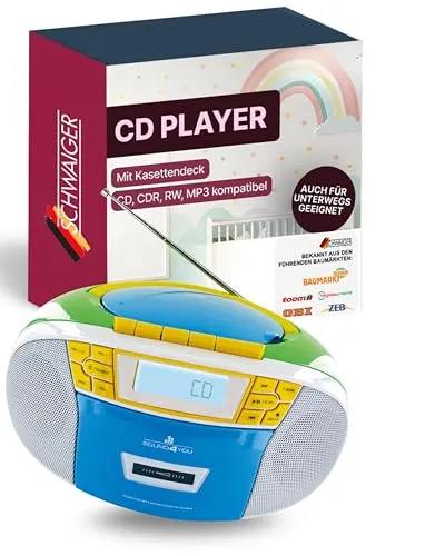 SCHWAIGER 661644 CD-Player - Retro Boombox mit Kassettendeck, MP3 USB Anschluss, tragbar und ideal für 90er Jahre Fans