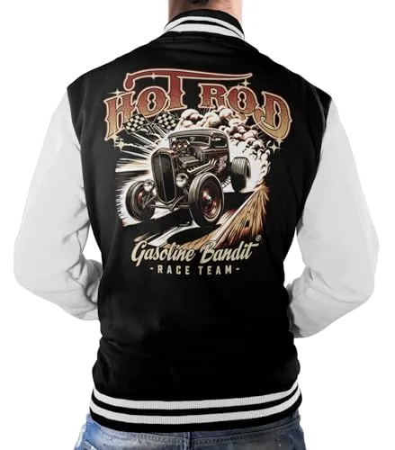 Gasoline Bandit Rockabilly Baseball College Jacke - Hot Rod Race Team - Stylische Rockabilly Collegejacke in Schwarz mit weißen Ärmeln und coolem Hot Rod Motiv. Hergestellt aus strapazierfähigem Baumwoll-Polyester-Mix, ideal für Fans und als Geschenk.