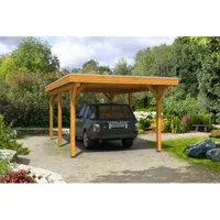 Skan Holz Carport Spessart 355 cm x 604 cm Eiche hell - Robuster Einzelcarport aus lasiertem Leimholz im hellen Eichenstil, ideal für PKW, Motorrad oder Fahrrad mit optimalem Schutz gegen Witterungseinflüsse.