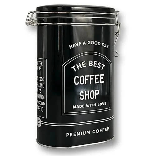 MediMuc Vorratsdose Kaffeedose Teedose oval lackiert schwarz mit weisser Schrift mit Bügelverschluss Maße: (H/B/T) ca. 20,0 × 12,2 × 8,0 cm Volumen ca. 1,8L