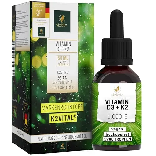 VITACTIV Vitamin D3 K2 Tropfen - Hochdosiert & Vegan - Vitamin D Präparate mit 1000 IE pro Tropfen, unterstützen Knochen, Muskeln und Immunsystem. Hergestellt aus hochwertigem K2VITAL MK-7, laborgeprüft und vegan.