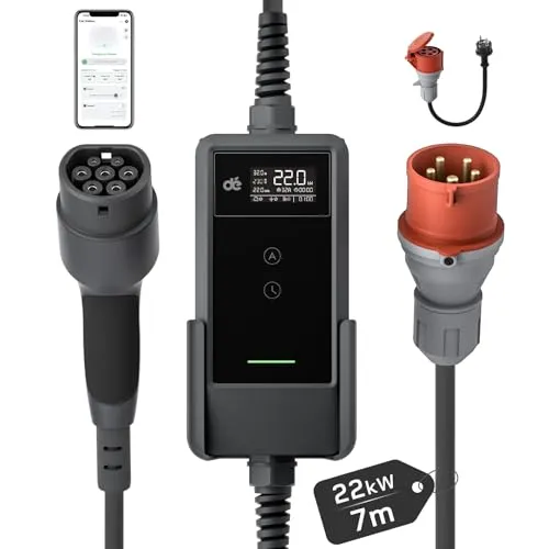 dé Mobile Wallbox/Ladestation 22kW Mit App [3-phasig|7m|6-32A] mit stromzähler, Ladekabel CEE 32A auf Typ 2 und EV Ladegerät für Model Y/3, ID.3/4/5, MG4, EX30, e-up, e-tron und andere EV/PHEV