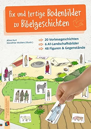 Fix und fertige Bodenbilder zu Bibelgeschichten - Primärbildung mit 20 Vorlesegeschichten, 6 A1-Landschaftsbildern und 48 Figuren für interaktives Lernen.