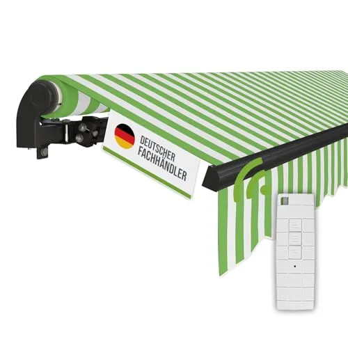 empasa Elektrische Gelenkarmmarkise 'Start Plus' - Grüne & Weiße Sonnenschutzmarkise - Komplett vormontierte Markise mit Fernbedienung und stabilen Gelenkarmen. Ideal für individuellen Sonnenschutz und einfaches Ein- und Ausfahren. Wetterfester Polyesterstoff in verschiedenen Farben.