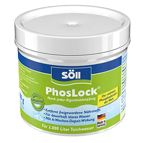Söll PhosLock 100 g - Teichpflege für klares Wasser - EFFEKTIVE TEICHPFLEGE: PhosLock von Söll (100 g für 2.000 Liter) bindet Phosphate und beugt Algenbildung vor. Ideal für eine nachhaltige Teichpflege und garantiert klares Wasser das ganze Jahr über.