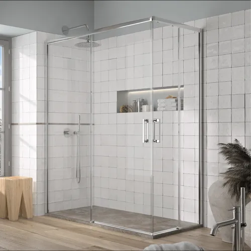 Eckdusche YOKO mit 2 Schiebetüren – 120x90 cm - Duschkabine YOKO mit 2 großen Schiebetüren, bietet einen großzügigen Einstieg und hochwertige ESG-Glasqualität. Ideal für moderne Bäder mit Anti-Scale-Beschichtung für mühelose Reinigung.