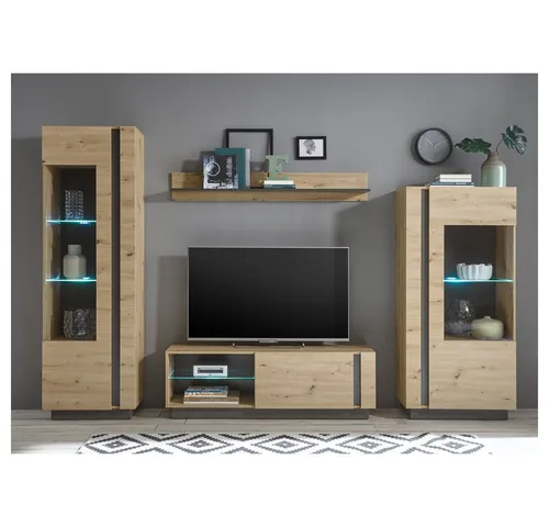 Lomadox Wohnwand CARDIFF-61 - Mega-Spar-Set, 4-St, Eiche Artisan Nb. mit Graphit grau - Moderne Wohnwand CARDIFF-61 in Eiche Artisan Nb. mit stilvollen Graphit-Absetzungen. Flexibel kombinierbar und mit hochwertiger Push-to-open Softclose-Funktion für ein elegantes Wohnambiente.