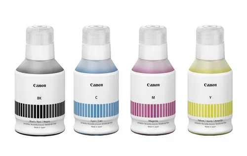 Canon GI-56 Nachfülltinten 4er Multipack - Nachfülltinte & Sets, inklusive 4 Farben (Schwarz, Cyan, Magenta, Gelb) mit hoher Füllmenge für langlebigen Druck und optimale Druckqualität.