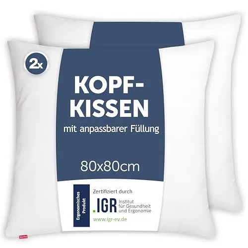 Blumtal Kopfkissen 80x80 cm 2er Set - Anpassbare Nackenkissen aus 100% Mikrofaser - Kissen aus 100% Mikrofaser, waschbar bis 95 Grad und individuell anpassbare Füllung für maximalen Liegekomfort - ideal für Allergiker.