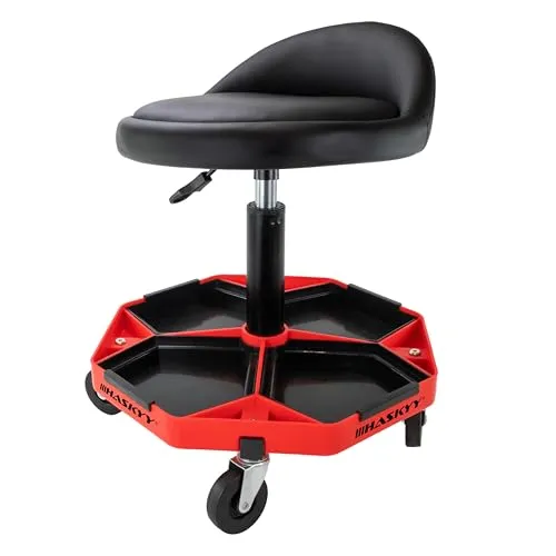 HASKYY Arbeitshocker Werkstatthocker mit Rückenlehne, höhenverstellbar - Drehhocker mit ergonomischer Rückenlehne und weicher Sitzfläche für ermüdungsfreies Arbeiten. Ideal für Werkstatt und Büro, mit cleverem Ablageteller für Werkzeuge und bis zu 150 kg belastbar.