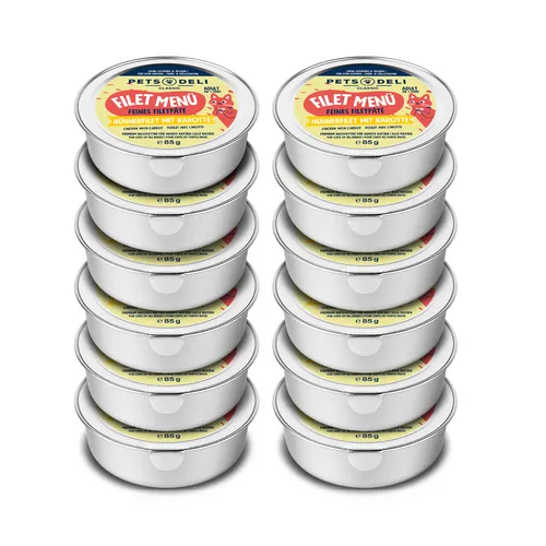 Pets Deli Filet Menü für Katzen – Hühnerfilet mit Karotten und Löwenzahn - Hochwertiges, glutenfreies Nassfutter für wählerische Katzen – Mit frischem Hühnerfilet und nährstoffreichen Zutaten für gesunde Haut und Sehkraft.