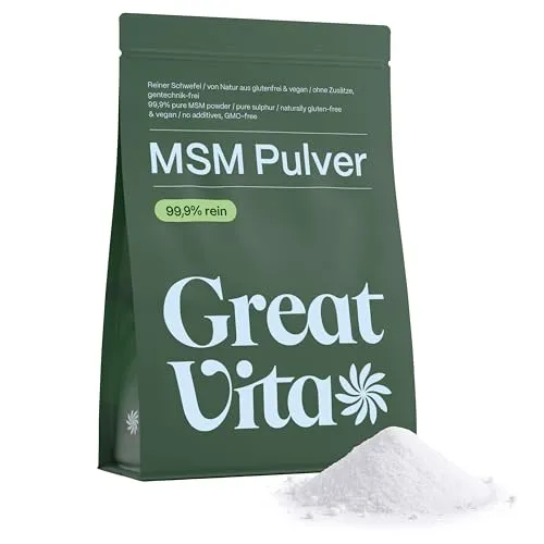 GreatVita MSM Pulver 1000g - 99,9% Methylsulfonylmethan, feiner & organischer Schwefelpulver - MSM powder zum Mischen in Wasser, Saft & Smoothies - 1kg Vorrat, ohne Zusätze, glutenfrei & non-GMO