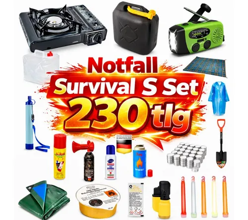 JUNG Multitool 230 tlg S Set – Überlebensausrüstung für Outdoor-Fans - Vielseitiges Survival Kit mit 230 Teilen für Notfälle und Outdoor-Aktivitäten. Ideal für Wasseraufbereitung, Energieversorgung und Werkzeuge – alles kompakt im Notfallrucksack.