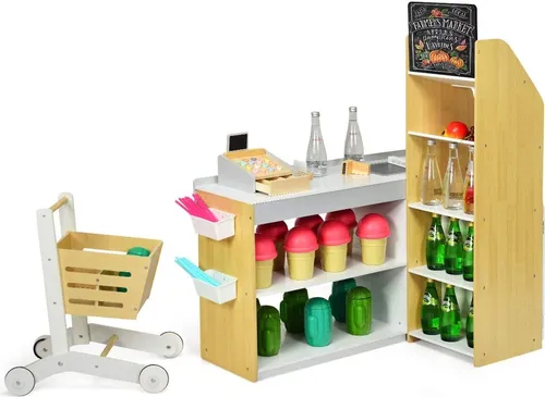KOMFOTTEU Kaufladen mit Einkaufswagen - Kaufläden für kreative Kinder: Der Holz-Kaufladen bietet mit Registrierkasse, Scanner und viel Stauraum unzählige Spielmöglichkeiten für lehrreiche Stunden im Kinderzimmer.