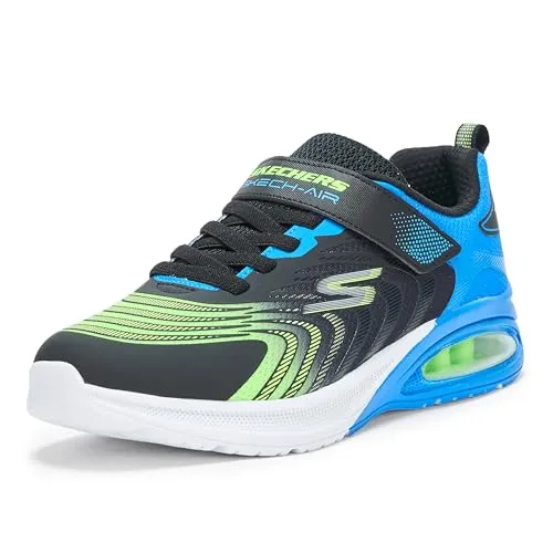 Skechers MICROSPEC MAX ADVANCE Kinder Low Sneaker VORTIVOX Schwarz Blau - Sneaker für Kinder mit strapazierfähigem Textil-Synthetik-Obermaterial, Klettverschluss für schnelles An- und Ausziehen und flexibler non-marking Laufsohle für sicheren Halt.