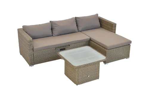 Merxx Gartenlounge Veneto Stahl, Kunststoffgeflecht - Multifunktionale Eckbank mit ausziehbarer Ablage und Stauraum, inkl. höhenverstellbarem Tisch aus robustem Polyrattan - ideal für Garten und Terrasse.