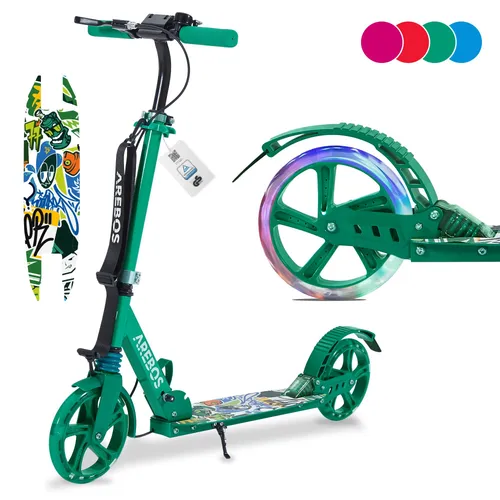 Arebos Tretroller Cityroller mit LED Reifen - Roller mit höhenverstellbarem, klappbarem Design, ideal für Kinder ab 6 Jahren, sicher dank LED Reifen und Hand- sowie Tritt-Bremse.