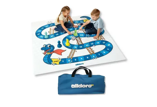 alldoro XXL Leiterspiel Snakes & Ladders für 2-4 Spieler, 150 x 150 cm, mit Tragetasche - Großes Leiterspiel für Kinder und Familien – ideal für drinnen und draußen. Mit extra großen Spielfiguren und Jumbo Würfel für ein aktives Spielerlebnis. Perfekt für Spielvergnügen und Förderung des Zahlenverständnisses.