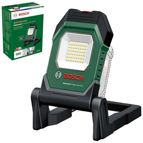 Bosch Home and Garden UniversalWorkLight 18V-2100 - Taschenlampe mit 3 Helligkeitsstufen bis 2.100 Lumen, flexible Positionierung durch Haken und Magnet sowie drehbarem Lampenkopf, ideal für vielseitige Anwendungen.