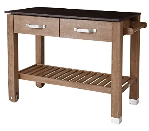 Dehner Premium Holzpflanztisch Windsor - Pflanztisch aus FSC®-zertifiziertem Akazienholz mit angenehmer Arbeitshöhe von 84 cm. Robuste Granitplatte, 2 Schubladen und fahrbar mit 2 Rollen für flexibles Arbeiten im Garten.