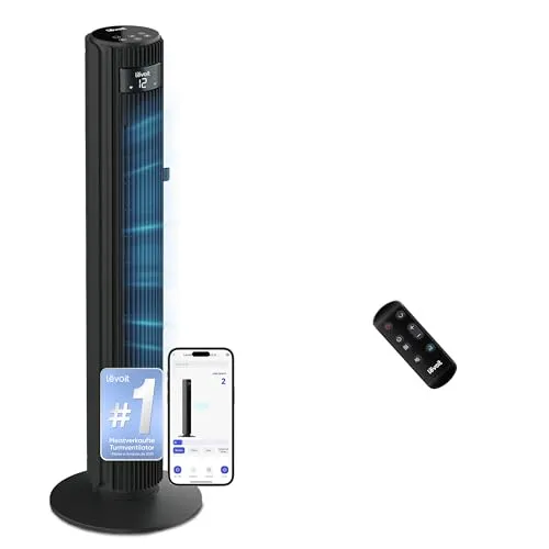 Levoit Turmventilator 7,9m/s mit Smart APP - Effizienter Turmventilator mit 12 Geschwindigkeiten und 4 Modi, leise bei nur 25dB, ideal für Schlafzimmer. Steuerbar per APP, Fernbedienung oder Sprachsteuerung für maximalen Komfort.