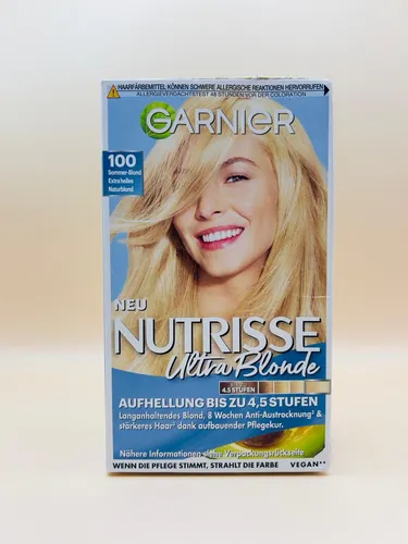 Garnier Nutrisse Creme Nr. 100 Extra Helles Naturblond - Haarfarbe mit 100% Grauabdeckung, angereichert mit nährenden Fruchtölen für geschmeidiges, glänzendes Haar. Ideal für eine einfache Anwendung und langanhaltende Farbe.