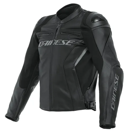 Dainese Racing 4 Lederjacke Schwarz - Motorradlederjacke mit athletischer Passform, gefertigt aus hochwertigem TUTU-Rindsleder und ausgestattet mit Lüftungsschlitzen für optimalen Komfort und Sicherheit.