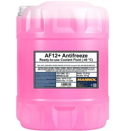 MANNOL Kühlerfrostschutz Rot AF12+ G12+ -40°C für VW Audi VAG 20L - Frostschutzmittel der Kategorie Kühlerfrostschutz, bietet optimalen Frostschutz bis -40°C und ist ideal für VW Audi Fahrzeuge.