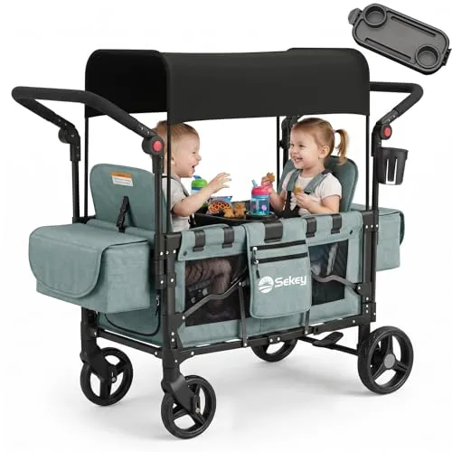 Sekey Bollerwagen Kinder Zwillingsmodus - Faltbar mit Dach für 2 Kinder - Handwagen mit flexiblen Sitzmöglichkeiten, 5-Punkt-Gurtsystem für maximale Sicherheit und einem abnehmbaren Sonnendach. Ideal für Ausflüge mit Zwillingen!