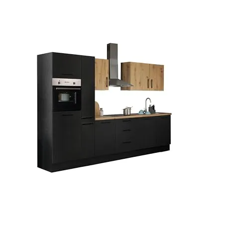 Stella Trading Turin ZB Küchenzeile 310 x 211 x 60 cm, schwarz - Moderne Winkelküche mit Artisan-Eiche Optik - MODERNES DESIGN - Die stilvolle Kombination aus mattem Schwarz und Artisan Eiche Optik sorgt für eine ansprechende Atmosphäre. VIEL STAURAUM - Clever gestaltete Fächer ermöglichen eine ordentliche Aufbewahrung. MONTAGEFREUNDLICH - Schnelle und einfache Montage dank detaillierter Anleitung.