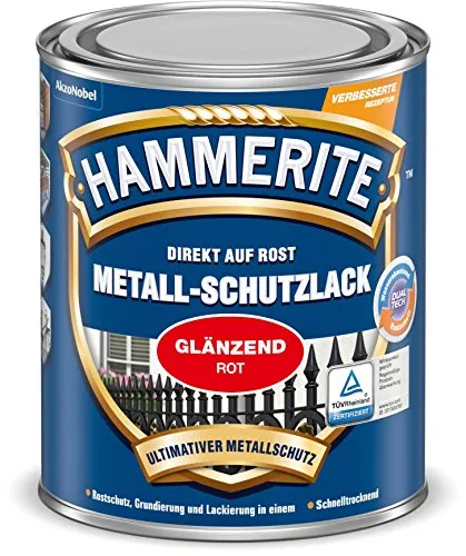 Hammerite Metallschutzlack Glänzend, Rot, 250ml - Lacke, hochgradig witterungs- und UV-beständig, idealer Rostschutz mit schneller Trocknung und hoher Schlagfestigkeit.