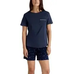 Calida Sweet Dreams Short Pyjamas Marine Baumwolle - Bequeme Nachtwäsche für Damen - Nachtwäsche aus 100% weicher Baumwolle für kühlenden Schlaf an warmen Nächten. Kurzärmlig und mit luftigen Shorts für maximale Bewegungsfreiheit.