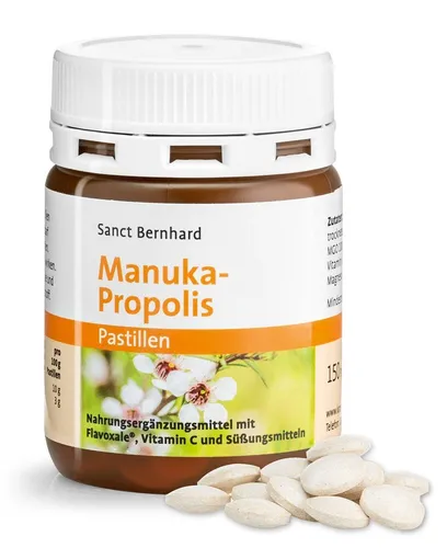 Sanct Bernhard Manuka-Propolis – 150 Pastillen - Nahrungsergänzungsmittel mit Flavoxale® und Vitamin C, unterstützt das Immunsystem und bietet intensiven Honig-Propolis-Geschmack für Wohlbefinden.