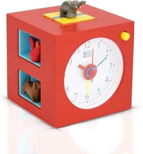 KOOKOO KidsAlarm Rot - Kinderwecker mit Bauernhoftieren - Farbenfroher Kinderwecker mit 5 Magnettieren und echten Tierstimmen, ideal für einen fröhlichen Start in den Tag. Mit „Happy-wake-up"-Funktion weckt er sanft selbst Langschläfer.