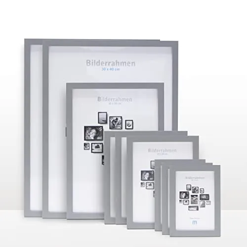 tlg. Foto Bilderrahmen-Set in Grau – 9 Rahmen in verschiedenen Größen für individuelle Fotowände - Gestalte Deine Fotogalerie mit unserem hochwertigen Bilderrahmen-Set in Grau. Enthält 9 Rahmen in den Größen 10x15 cm bis 30x40 cm, ideal für kreative Gestaltung und vielseitige Präsentation.