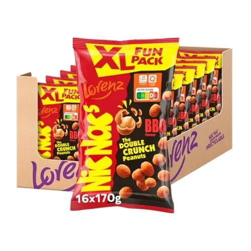 Lorenz Nic Nacs XL Fun BBQ 170 g - 16er Pack - Chips & Nachos: Knackige Erdnüsse in würzig-süßem Teigmantel, ideal für gesellige Abende und immer griffbereit aus der praktischen Großpackung!