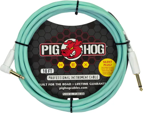 Pig Hog Hex Series Silent Kabel 3m Winkel Seafoam Green - Hochwertiges 3m Instrumentenkabel mit integriertem Schalter für signalunterbrechendes Ziehen. Mit patentierter spiralförmiger Ummantelung für verwicklungsfreies Handling und lebenslanger Garantie.