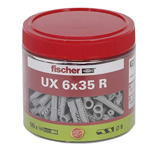 fischer Universaldübel UX 6 x 35 R, handliche Runddose mit 185 Nylondübeln, Allzweckdübel mit Rand für optimalen Halt bei Befestigungen in Beton, Gipskarton, Kalksand-Lochstein uvm.