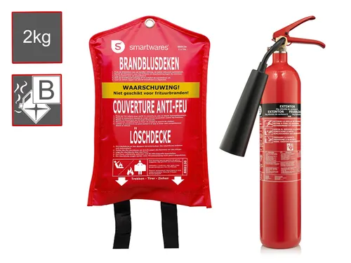 Smartwares CO2-Feuerlöscher 2 kg mit Löschdecke - Praktisches Set für den Brandschutz im Auto, bestehend aus einem 2 kg CO2-Feuerlöscher und einer Löschdecke. Zuverlässiger Schutz für den Heimbedarf, kompakt und einfach zu handhaben.