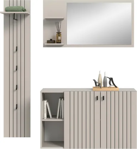 Home affaire Garderoben-Set TATIO, 3-tlg. Kombination mit Rillenfräsung - Das 3-teilige Garderoben-Set »TATIO« von Home Affaire vereint Stil und Funktionalität. Mit Spiegel, Garderobenpaneel und Schuhkommode bietet es viel Stauraum und sorgt für Ordnung im Flur. Pflegeleichte Oberflächen garantieren langanhaltende Freude.