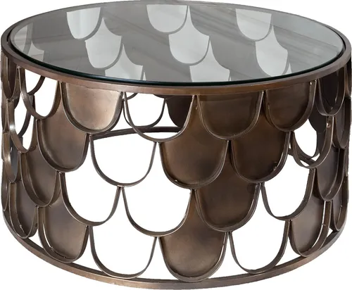 Riess Ambiente Industrial Couchtisch Abstract 60cm - Antik Messing im Fischschuppen Design - Beistelltisch fürs Wohnzimmer mit einzigartigem Fischschuppen-Gestell und eleganter runder Glastischplatte für einen modernen Industrial Look.
