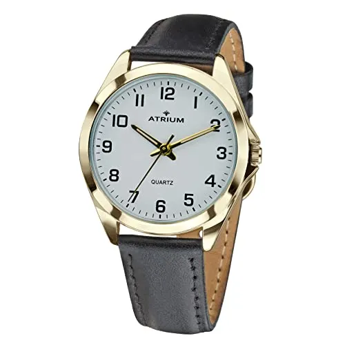 Atrium Herren Armbanduhr Klassisch Goldfarben - Armbanduhren für Herren mit sehr gut ablesbarem Zifferblatt, ideal für Senioren. Robustes Gehäuse und elegantes Lederarmband machen sie zum perfekten Alltagsbegleiter.