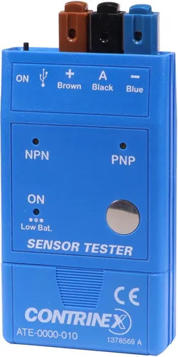 Contrinex Sensortester ATE-0000-010 - Automatisierungstechnik, vielseitiger Sensortester für induktive, kapazitive und photoelektrische Sensoren mit automatischer PNP-/NPN-Erkennung und LED-Anzeige.
